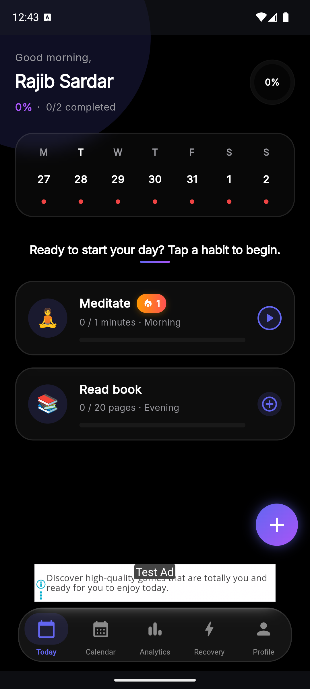 Actual NeoHabit Home Screen Screenshot